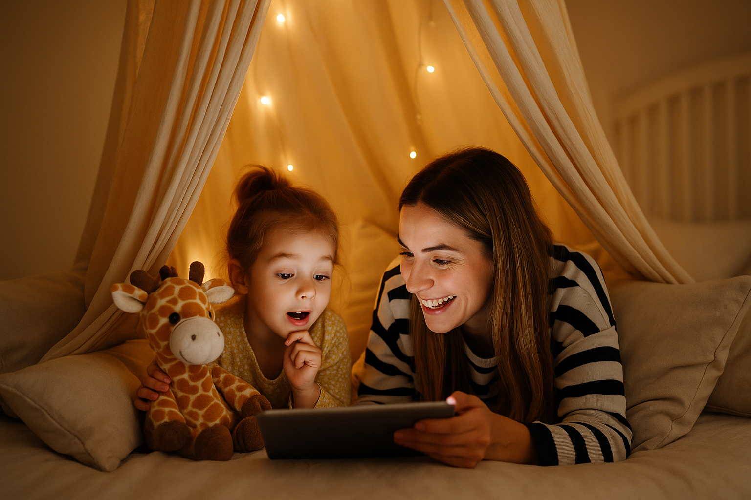 Young mother and cute smiling girl using digital tablet while lying in illuminated hut in kid bedroom