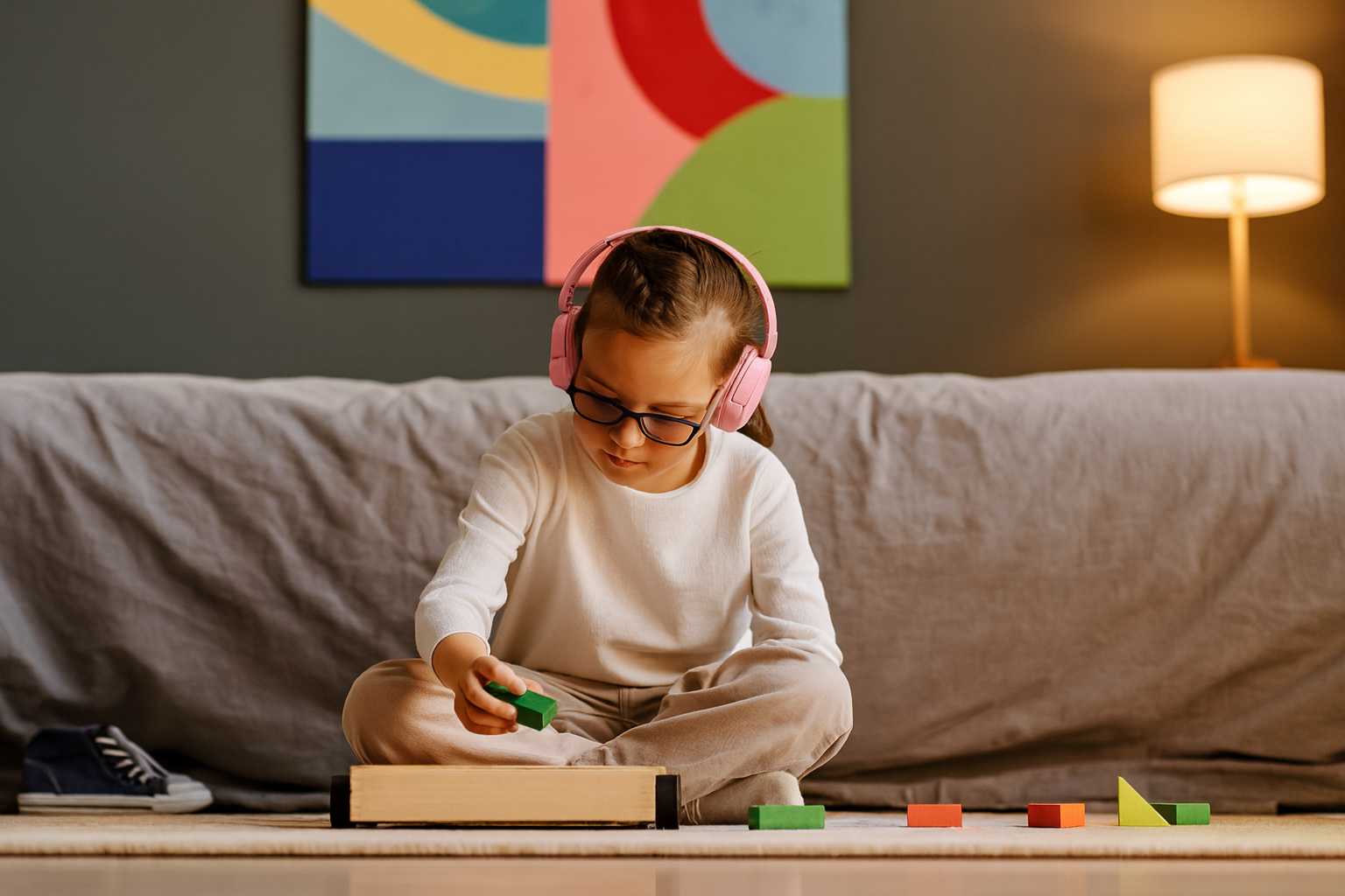 Portrait of young girl with down syndrome playing with toy blocks alone and wearing noise cancelling earphones